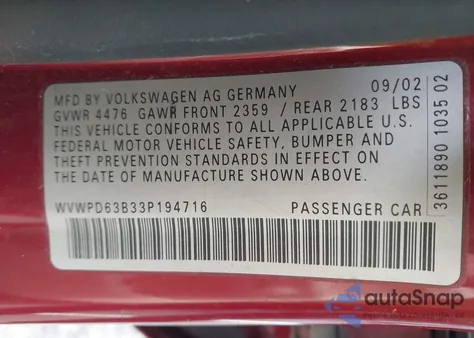 2003 Volkswagen Passat Gls from USA, damaged, VIN WVWPD63B33P194716
